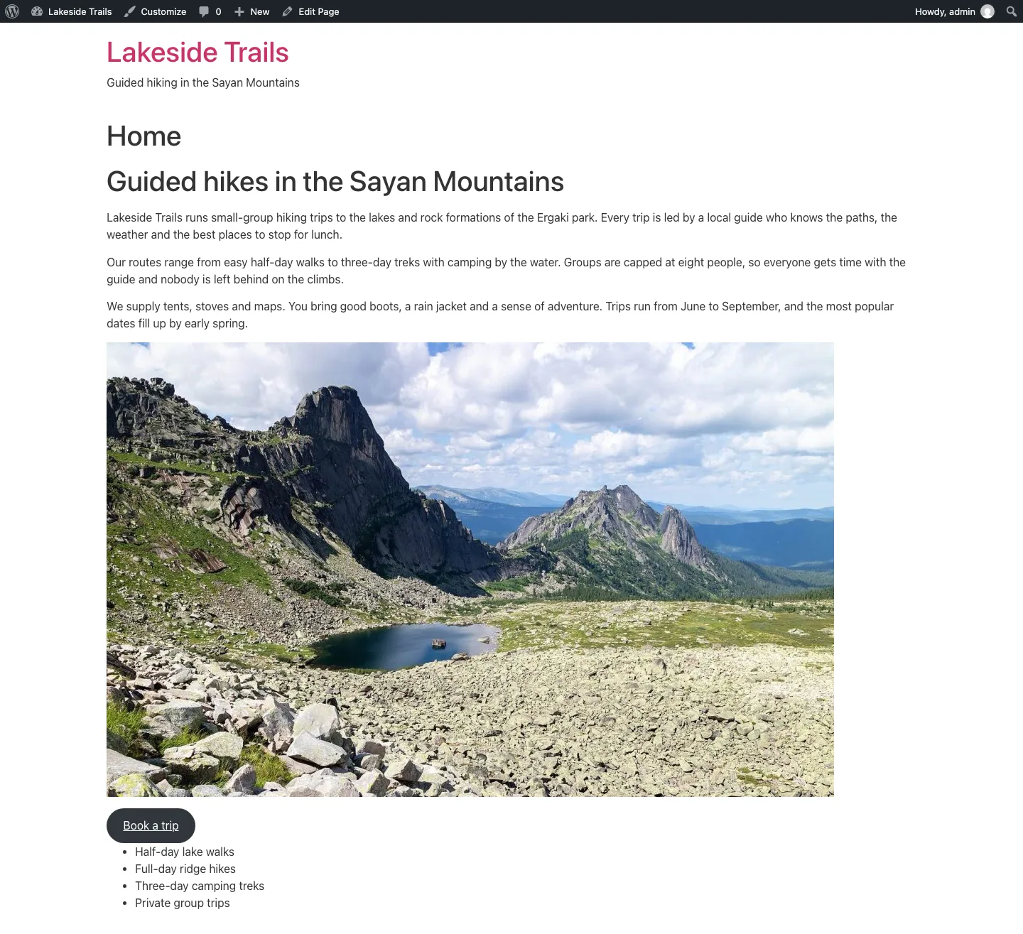 A test homepage on Hello Elementor with no plugins, showing a pink site title, tagline, a Home page title, a second large heading, three paragraphs, a mountain lake photo, a dark rounded button and a bullet list