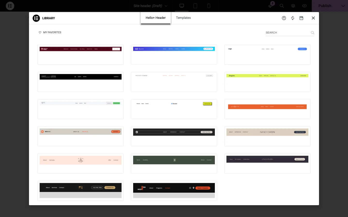 Elementor template library titled Hello+ Header showing a grid of 17 pre-made website header designs in different colors and layouts
