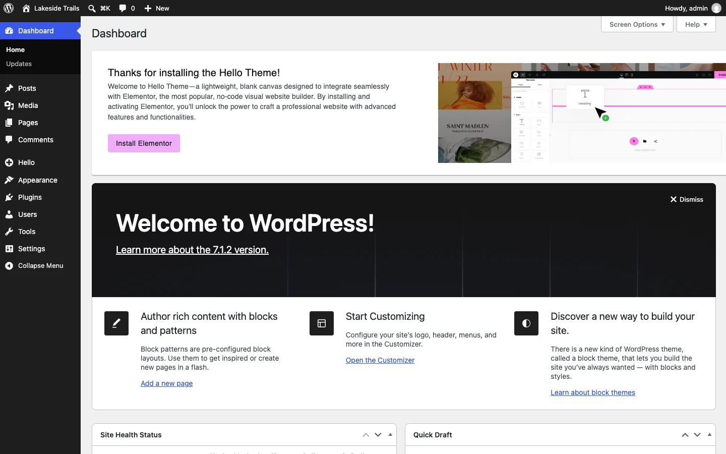 WordPress dashboard with a Thanks for installing the Hello Theme panel and a pink Install Elementor button above the Welcome to WordPress box