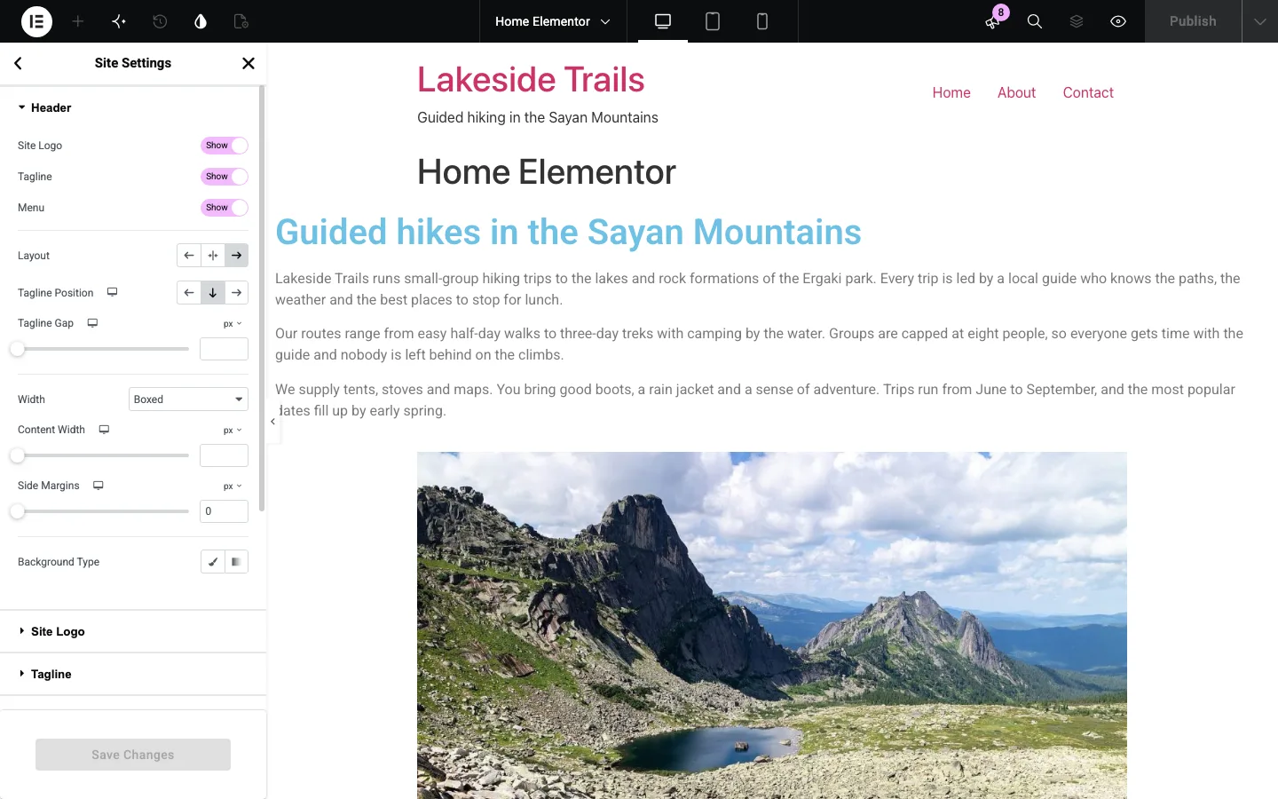 Elementor editor with the Hello Theme Header panel open in Site Settings, showing switches for site logo, tagline and menu, layout and width controls, next to a live preview of the site header and an Elementor page