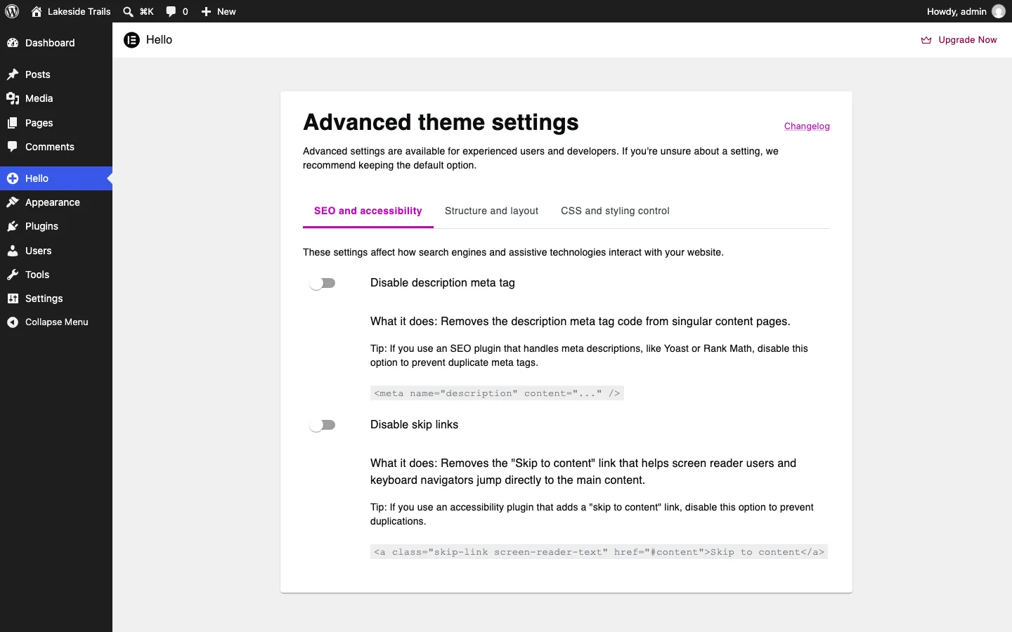 Hello Advanced theme settings page with three tabs, SEO and accessibility, Structure and layout, CSS and styling control, and switches for disabling the description meta tag and skip links