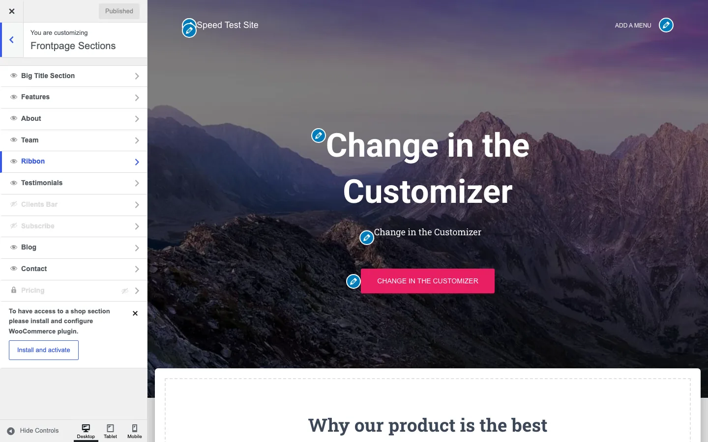 Hestia Customizer Frontpage Sections panel listing Big Title, Features, About, Team, Ribbon, Testimonials, Clients Bar, Subscribe, Blog, Contact and a locked Pricing section