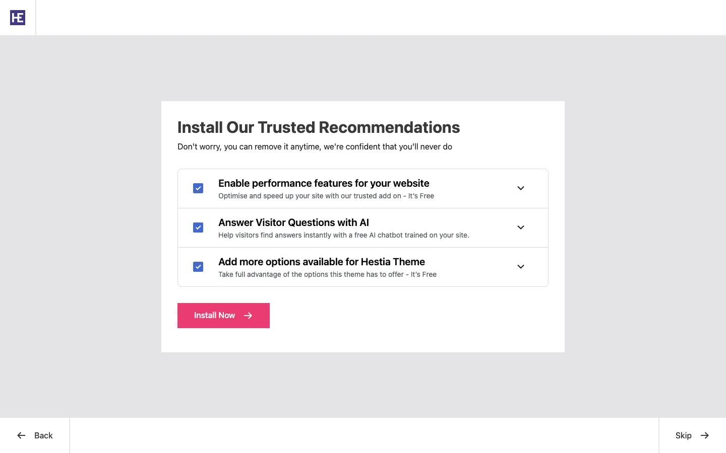 Hestia setup wizard step with three pre-ticked plugin recommendations and an Install Now button