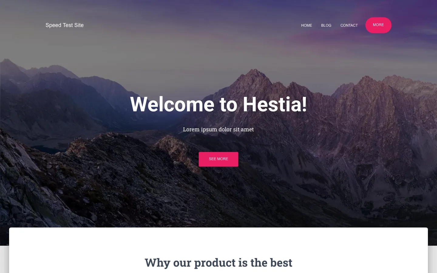 Hestia homepage with a mountain photo header, the title Welcome to Hestia and a pink See More button
