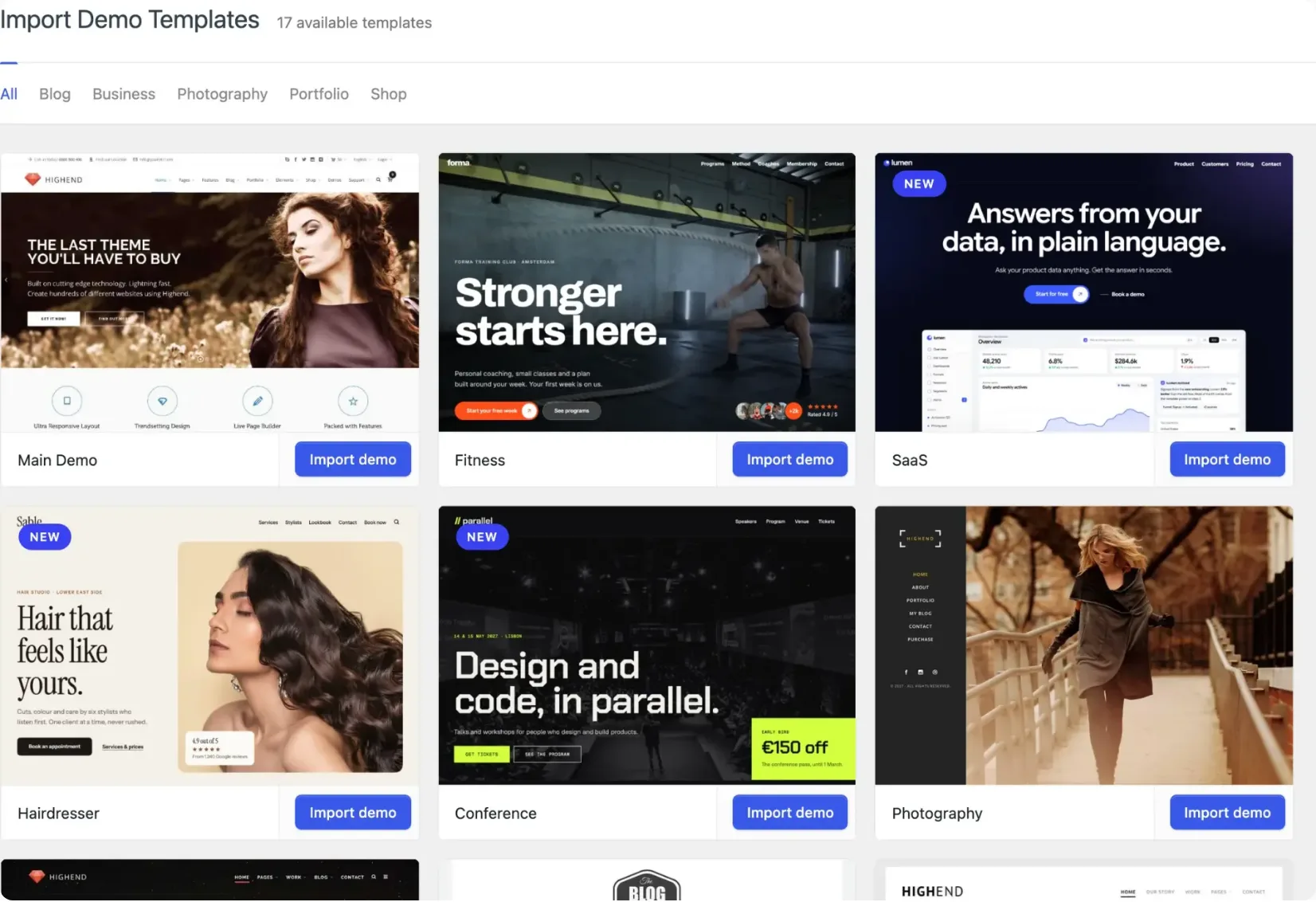 The Highend Import Demo Templates screen showing 17 available templates with Import demo buttons and category filters