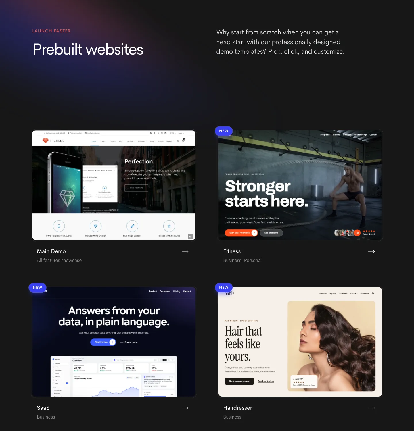 The Highend prebuilt websites section on the official site showing the Main Demo, Fitness, SaaS and Hairdresser demos