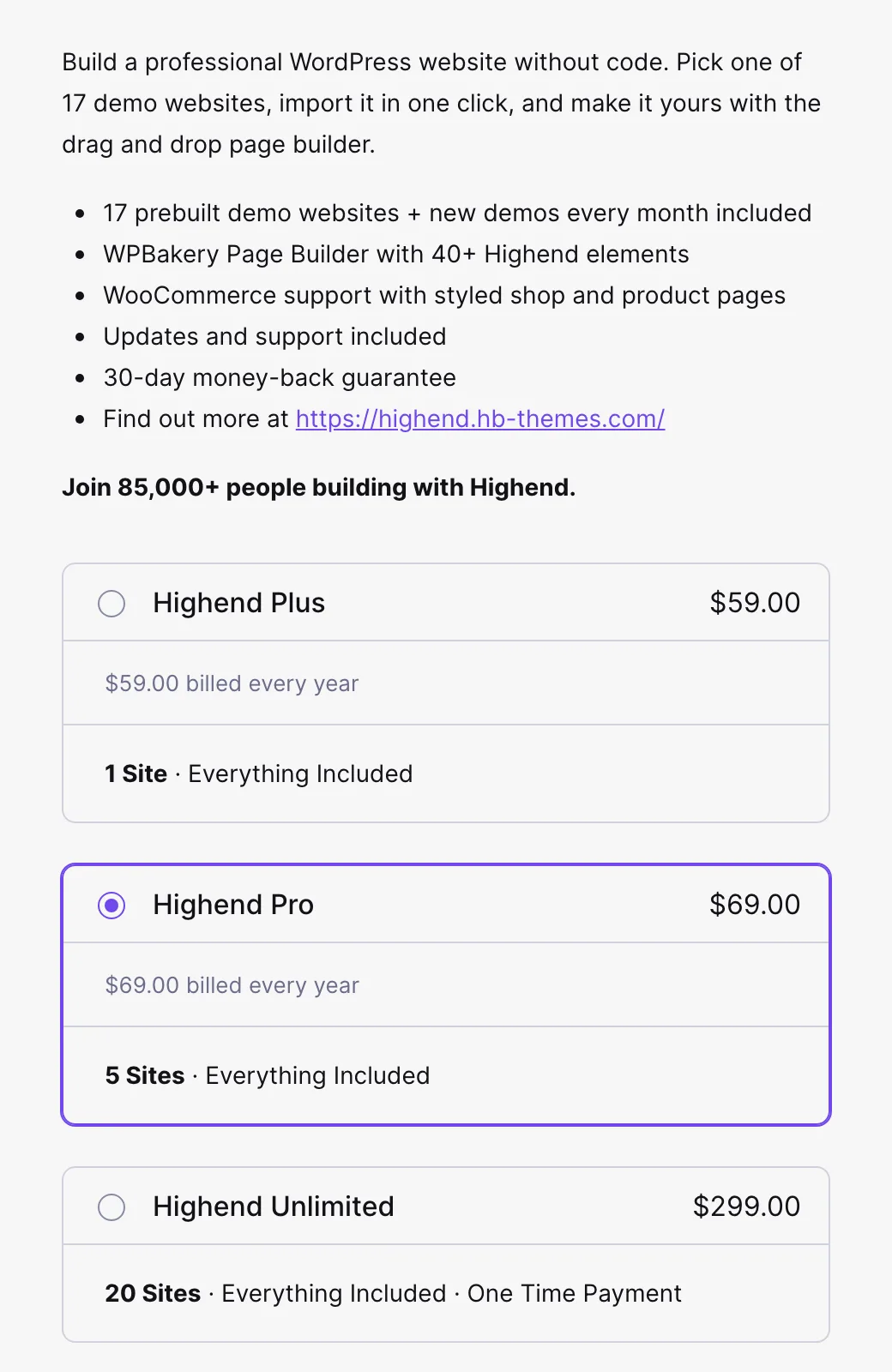 The Highend checkout page listing Highend Plus at $59 billed every year, Highend Pro at $69 billed every year, and Highend Unlimited at $299