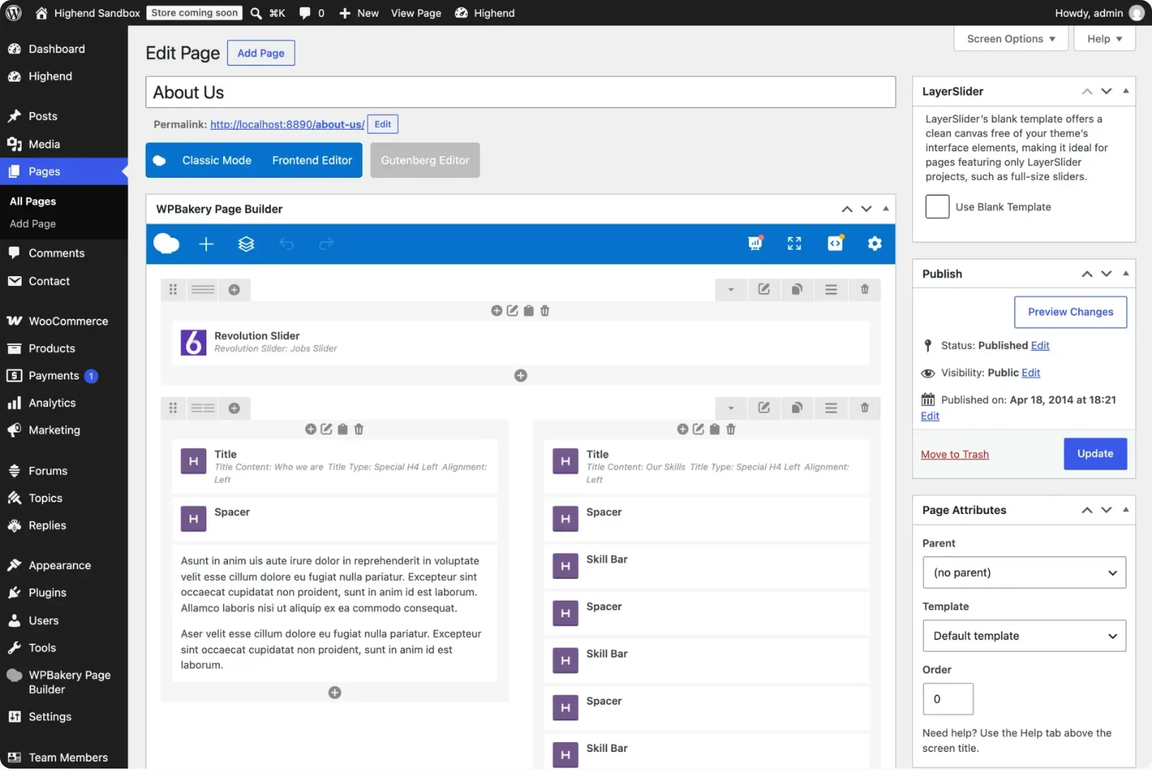 The WPBakery backend editor on a Highend site showing rows, columns, a Revolution Slider block and Highend title and skill bar elements