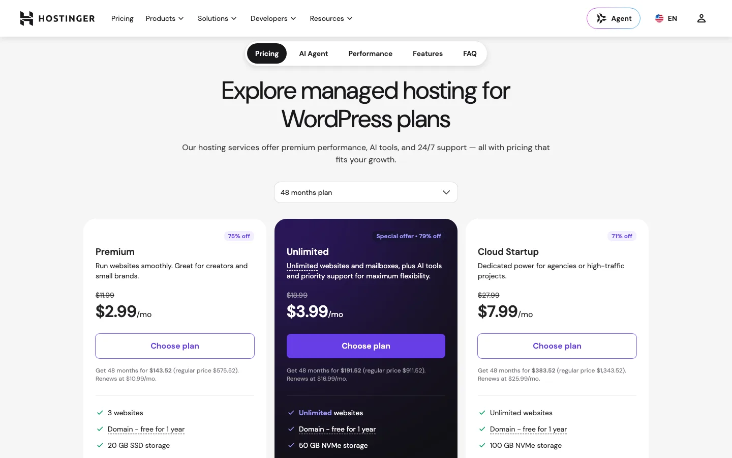 Hostinger WordPress hosting plans on a 48-month term with renewal prices