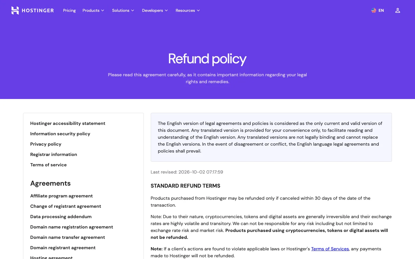 Hostinger refund policy page showing the 30-day standard refund terms