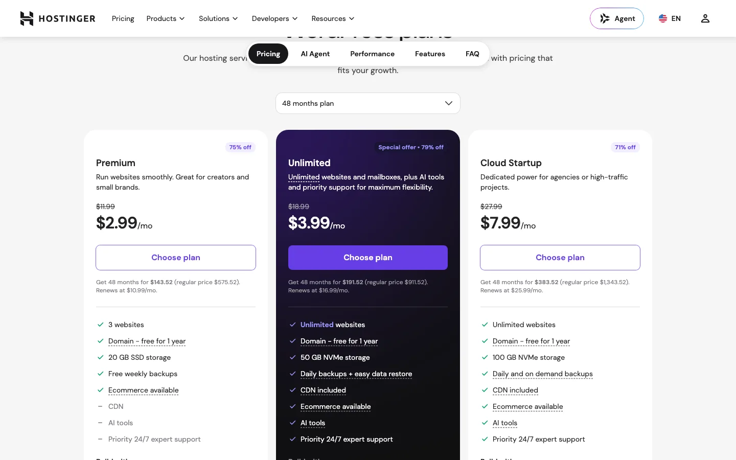 Hostinger WordPress hosting plans on the 48-month term with upfront totals and renewal prices