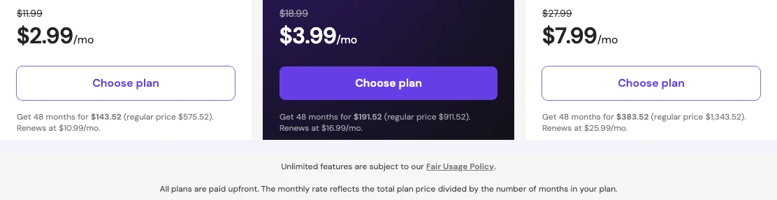 Hostinger fine print showing 48-month totals, regular prices, renewal prices and the note that all plans are paid upfront