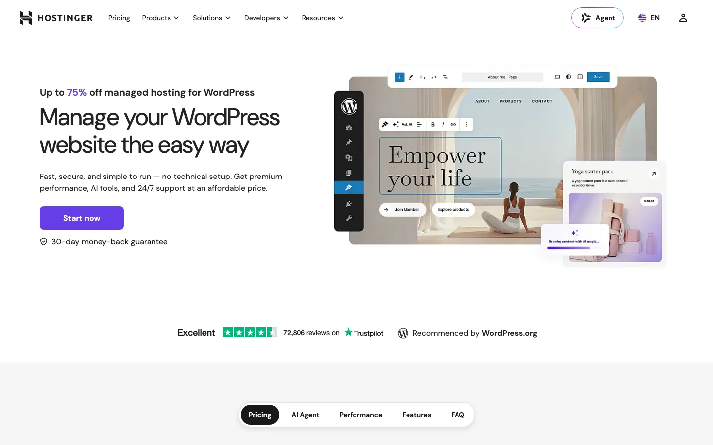 Hostinger managed WordPress hosting page hero