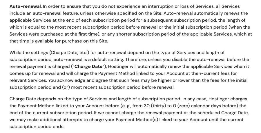 Hostinger’s terms of service section on auto-renewal and the renewal charge date