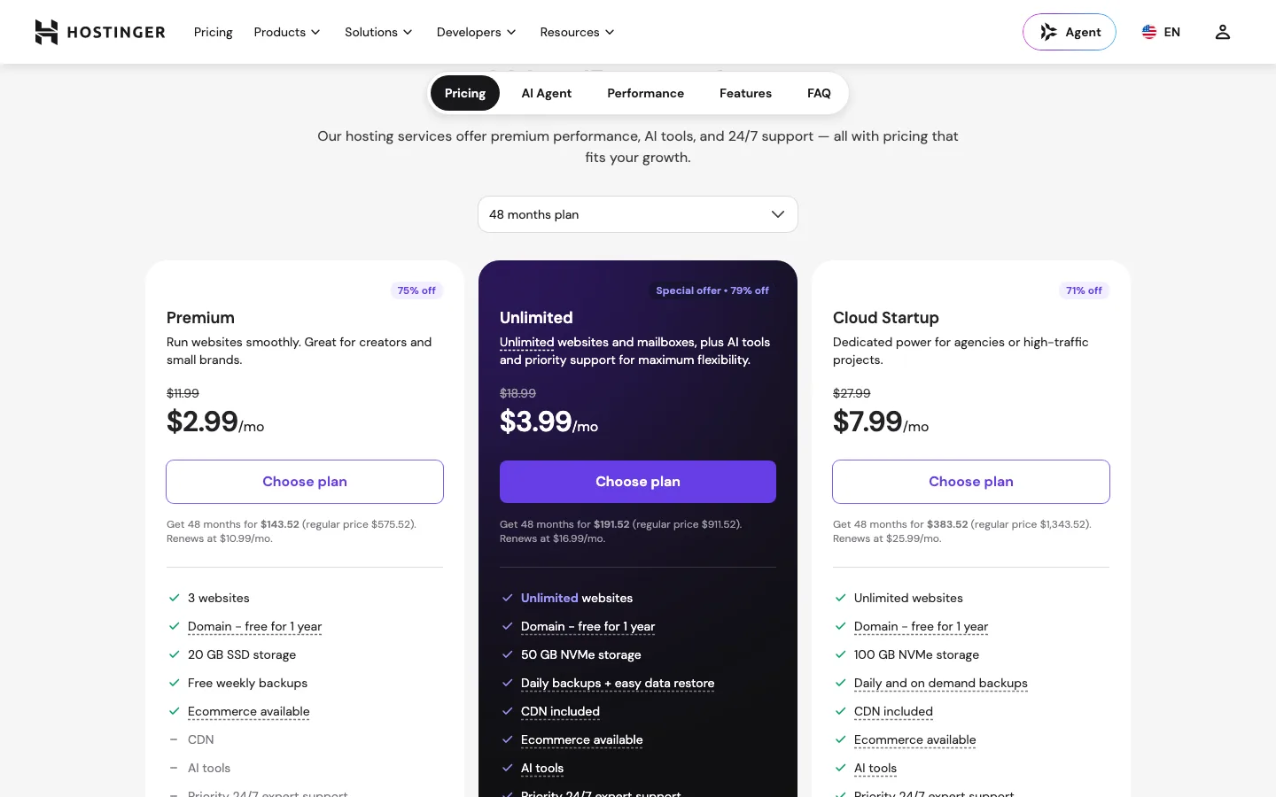 Hostinger’s managed WordPress hosting plans on the 48-month term, with the term selector and renewal prices visible