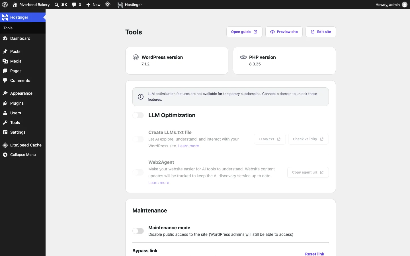 The Hostinger Tools plugin screen with LLM optimization, maintenance mode and security switches greyed out
