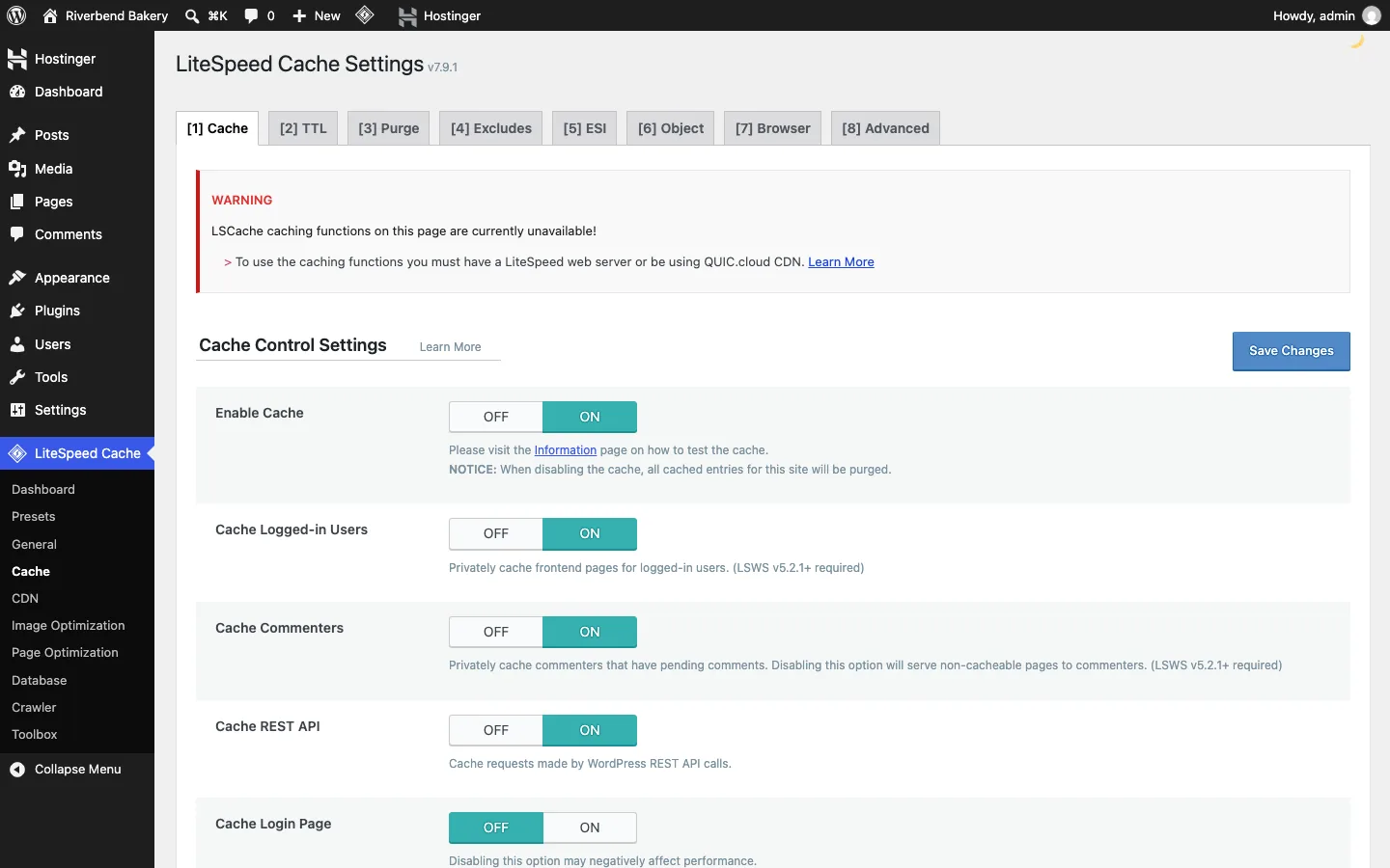 LiteSpeed Cache settings showing a warning that caching functions are unavailable without a LiteSpeed server