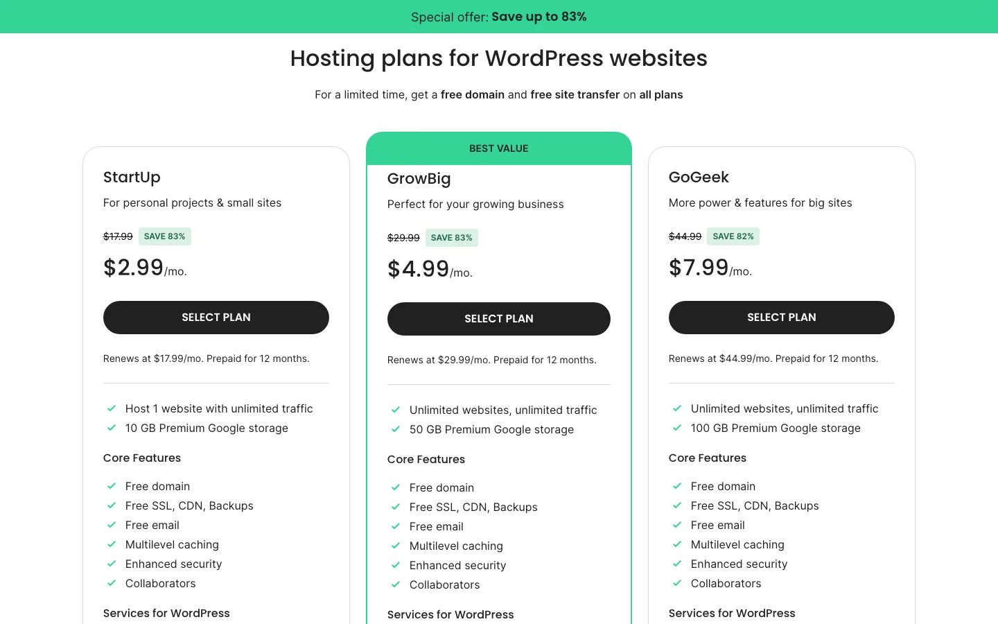 SiteGround’s WordPress hosting plans showing intro prices and “Renews at, prepaid for 12 months” under each plan