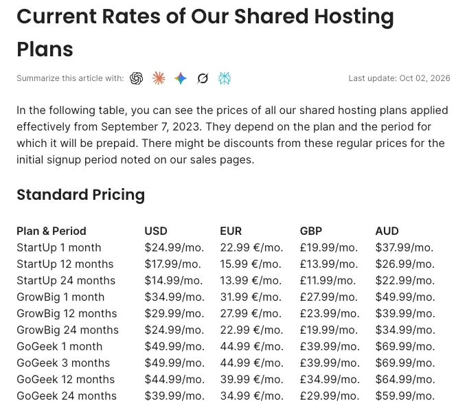 SiteGround’s knowledge base table of standard shared hosting rates by plan and billing period