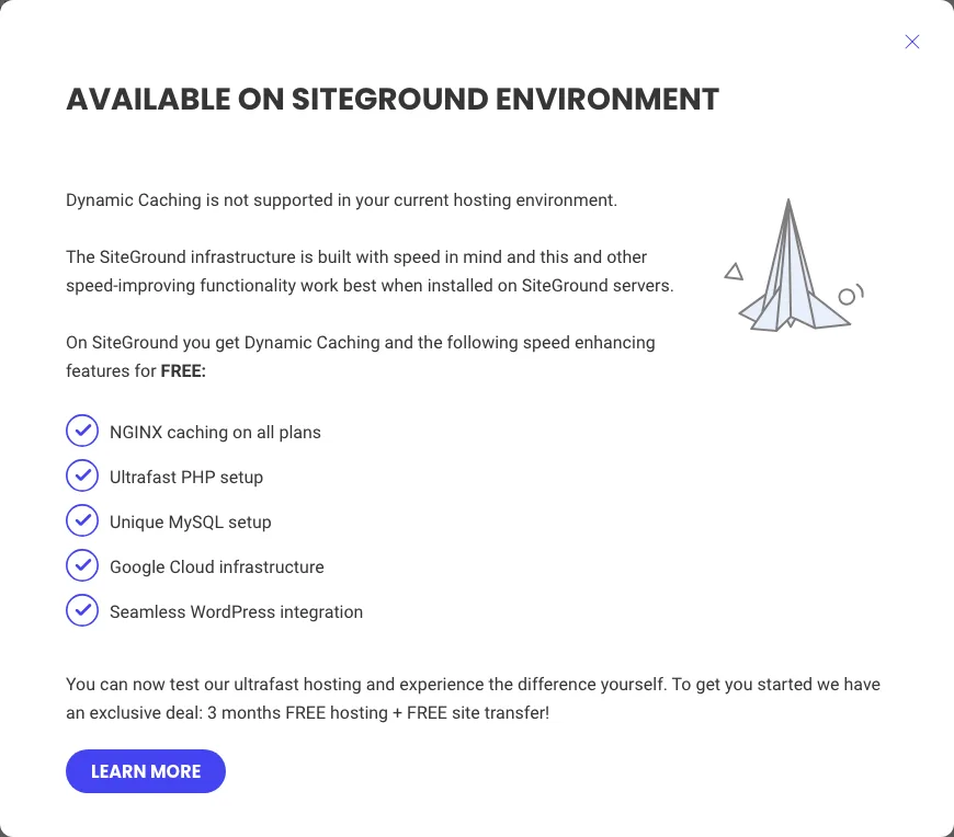 Speed Optimizer’s “Available on SiteGround environment” message, offering three months of free SiteGround hosting