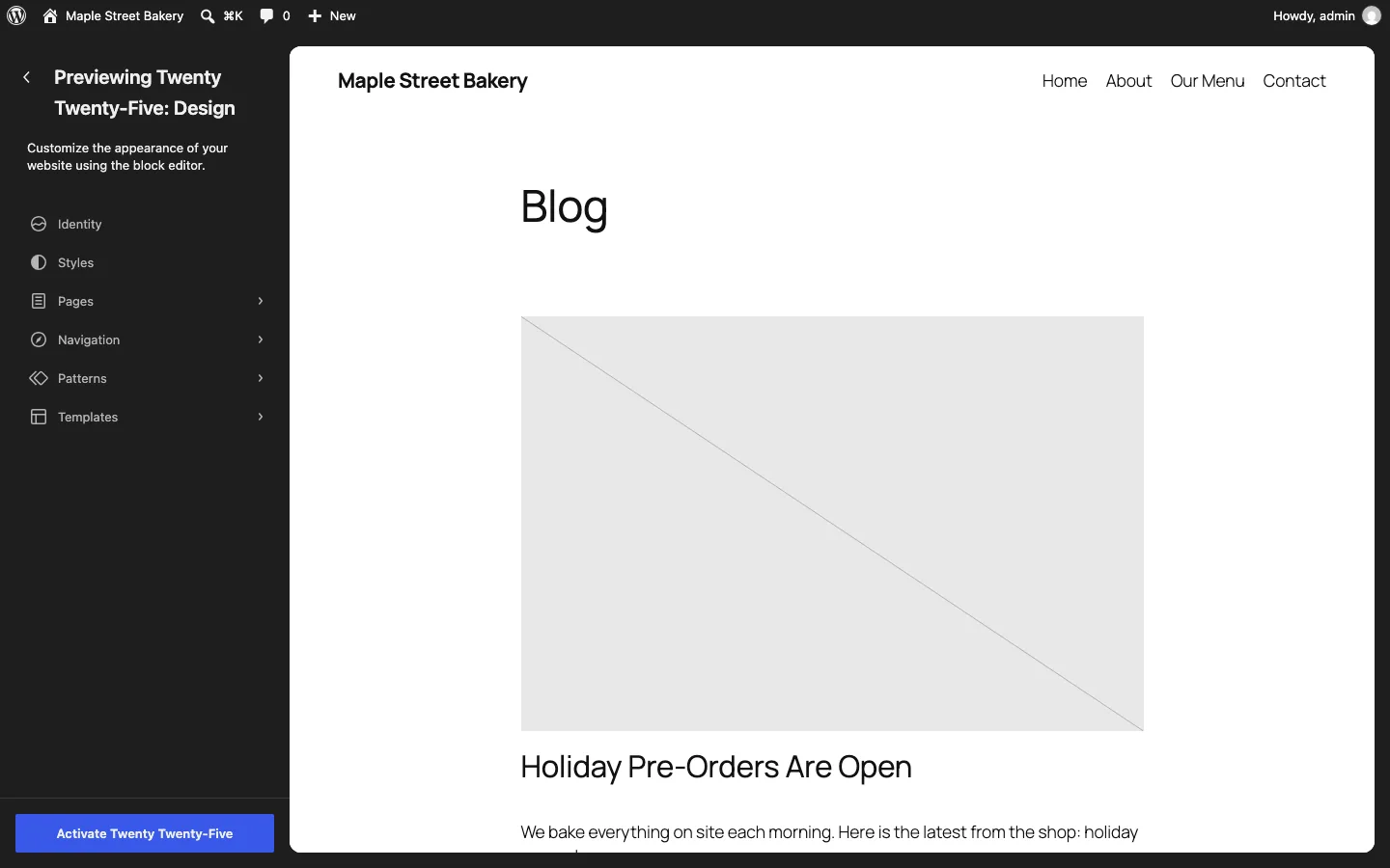 Site Editor Live Preview of the Twenty Twenty-Five block theme, showing the classic menu items in the header and the Activate Twenty Twenty-Five button