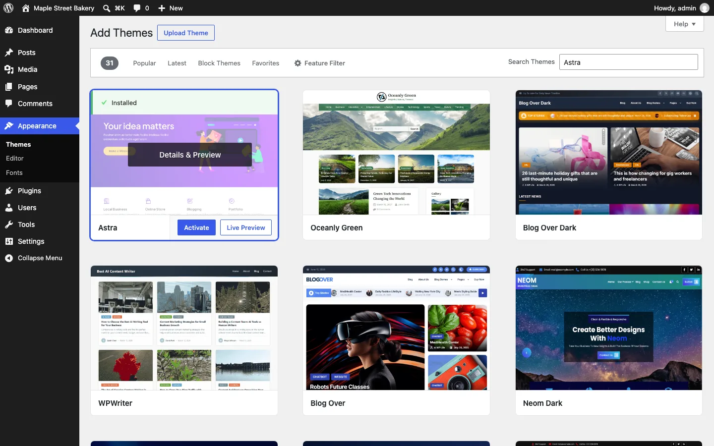 Add Themes screen in WordPress 7.1.2 with Astra installed from a search, showing the Activate and Live Preview buttons