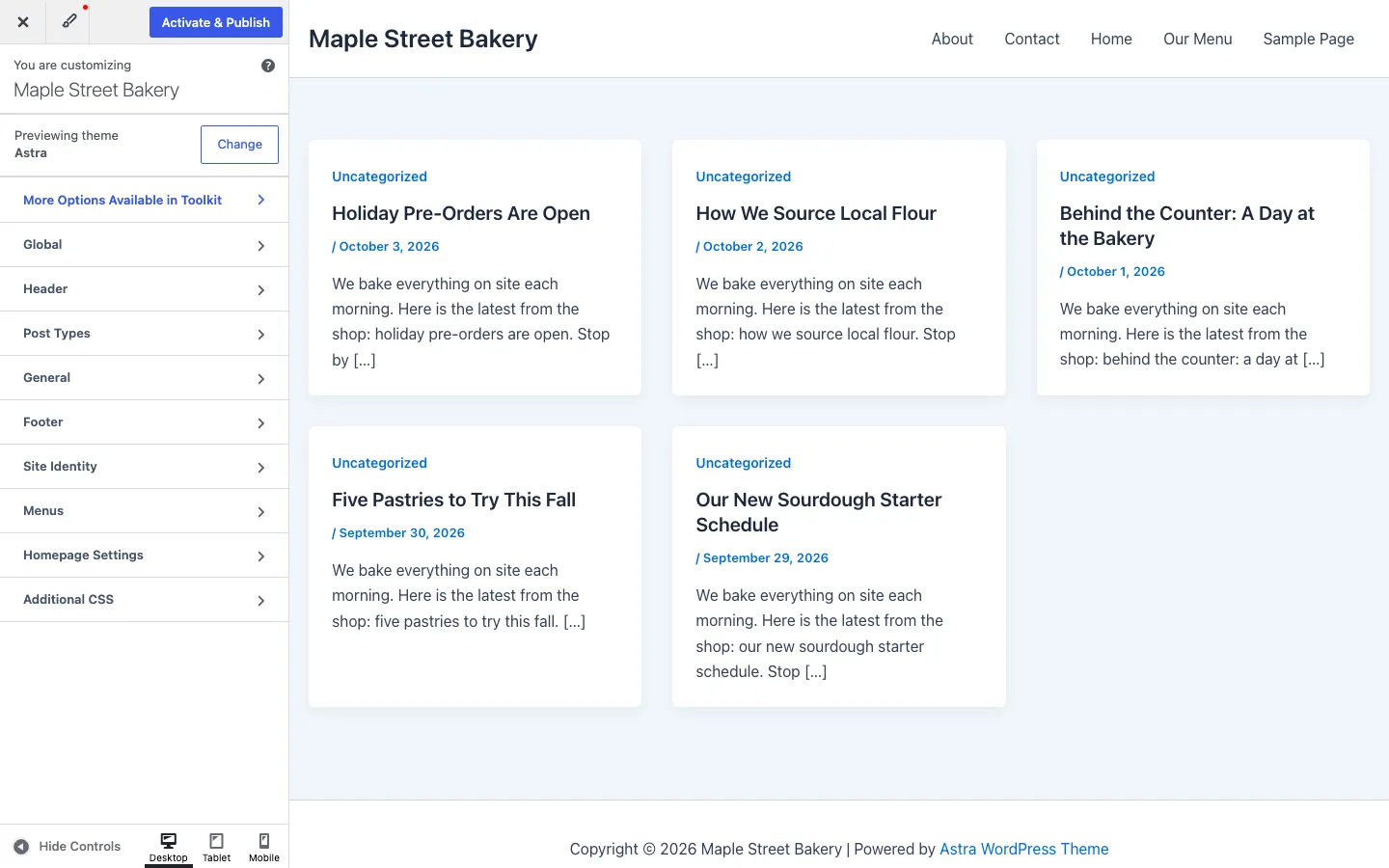 Customizer Live Preview of the Astra theme on a test bakery site, with the Activate & Publish button