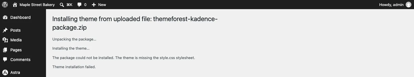 WordPress error: The package could not be installed. The theme is missing the style.css stylesheet. Theme installation failed.