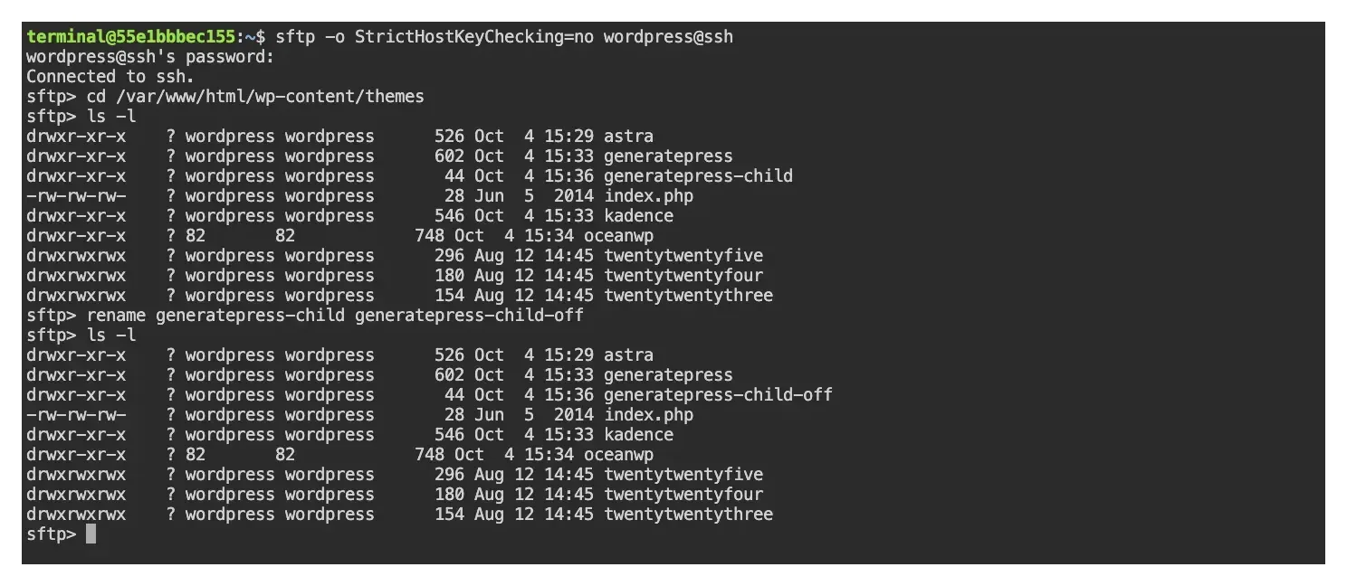 SFTP session renaming the generatepress-child folder to generatepress-child-off in wp-content/themes