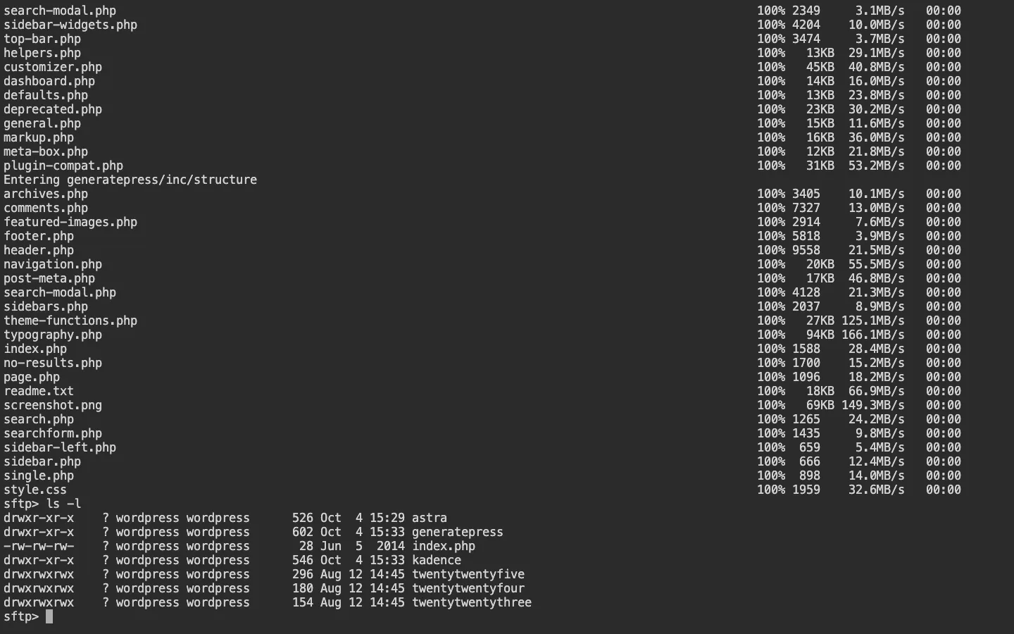 Terminal SFTP session finishing the upload of the GeneratePress folder, then listing the wp-content/themes folder