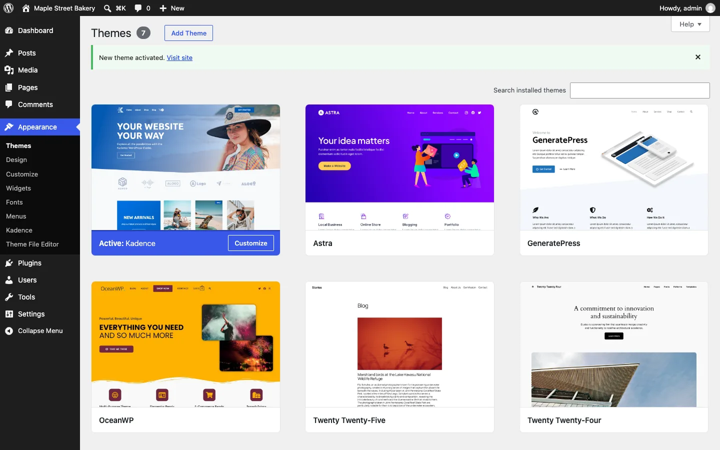 The Appearance > Themes screen in WordPress 7.1.2 with Kadence active and Astra, GeneratePress, OceanWP, Twenty Twenty-Five and Twenty Twenty-Four installed