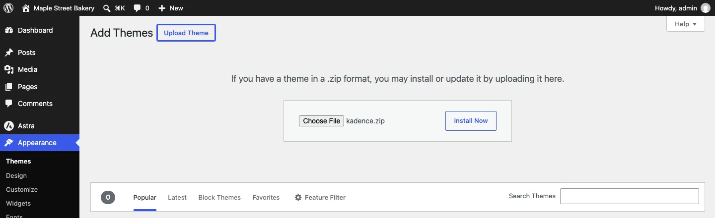 Upload Theme form in WordPress 7.1.2 with kadence.zip chosen and the Install Now button