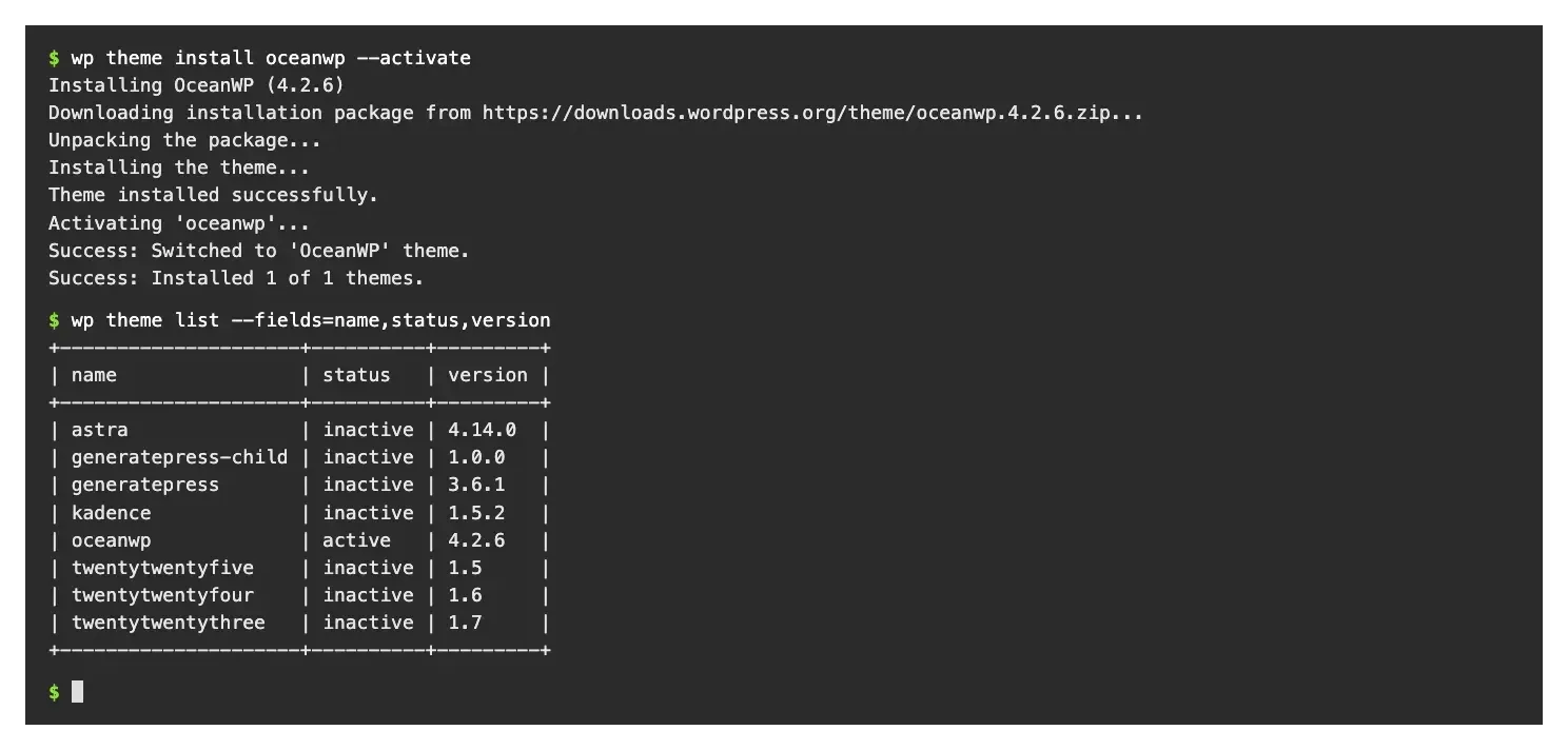 WP-CLI output installing and activating OceanWP 4.2.6, then a theme list showing oceanwp as active