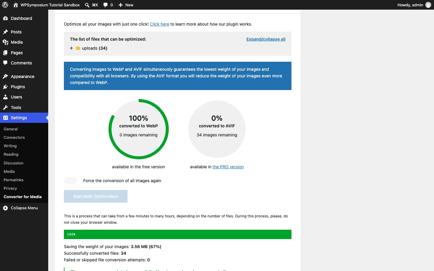 Converter for Media bulk optimization showing 100% converted to WebP and 3.56 MB (67%) saved