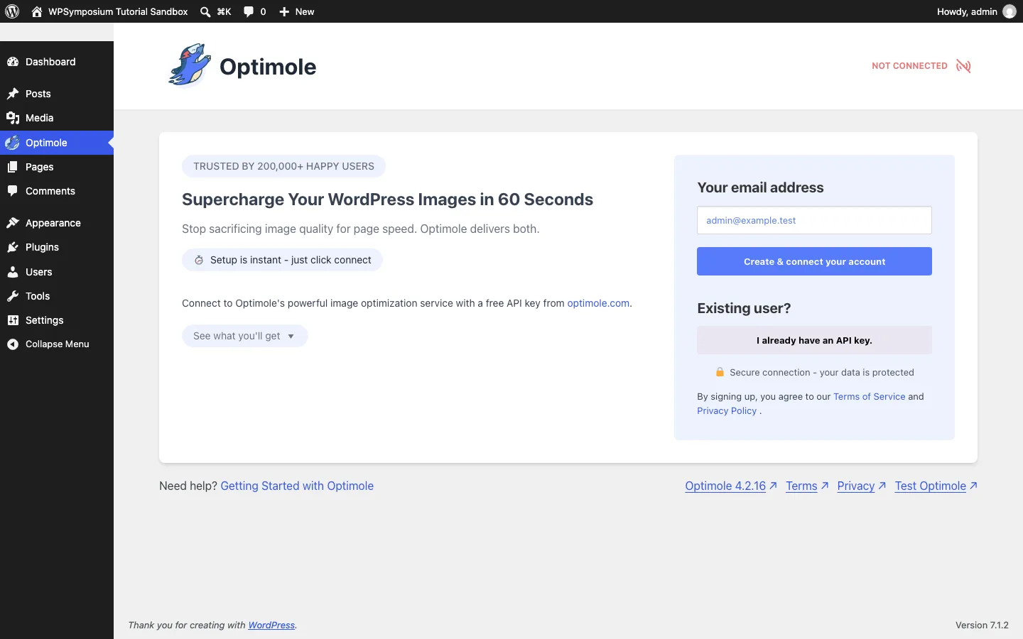 Optimole setup screen showing Not Connected status with an email field to create and connect an account