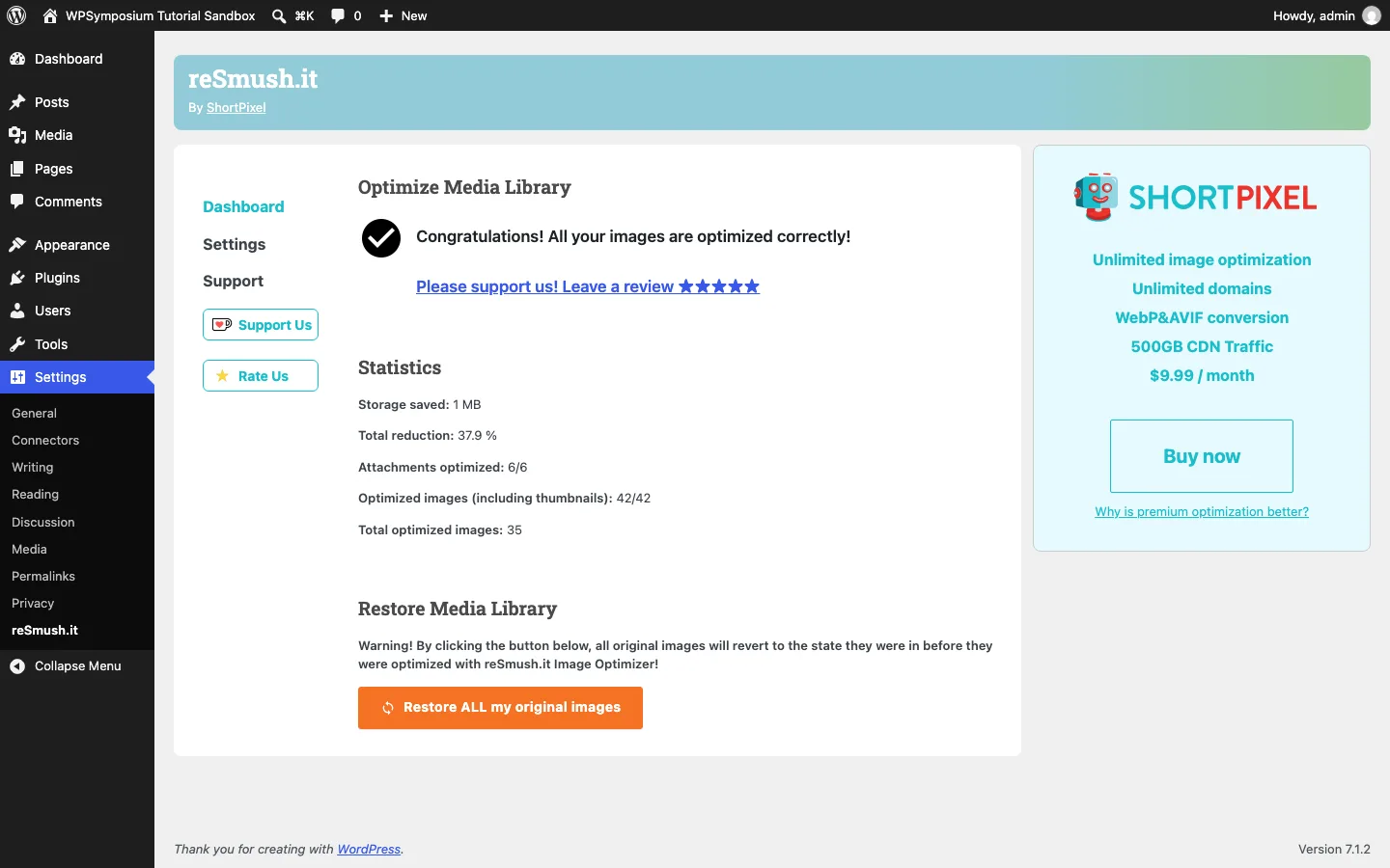 reSmush.it dashboard showing all six images optimized with 37.9% total reduction