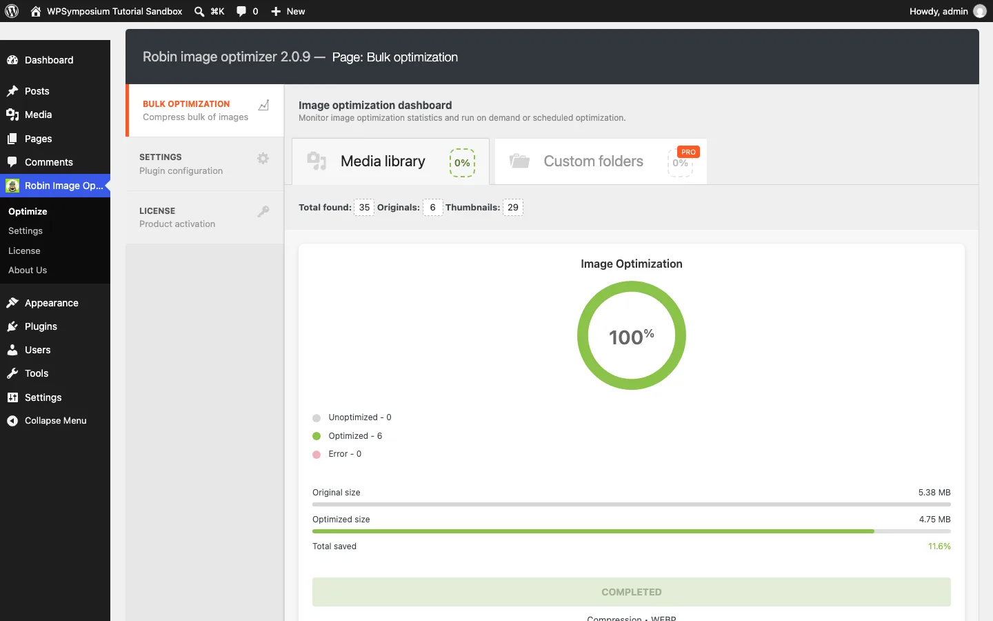Robin Image Optimizer dashboard showing 6 images optimized and 11.6% saved