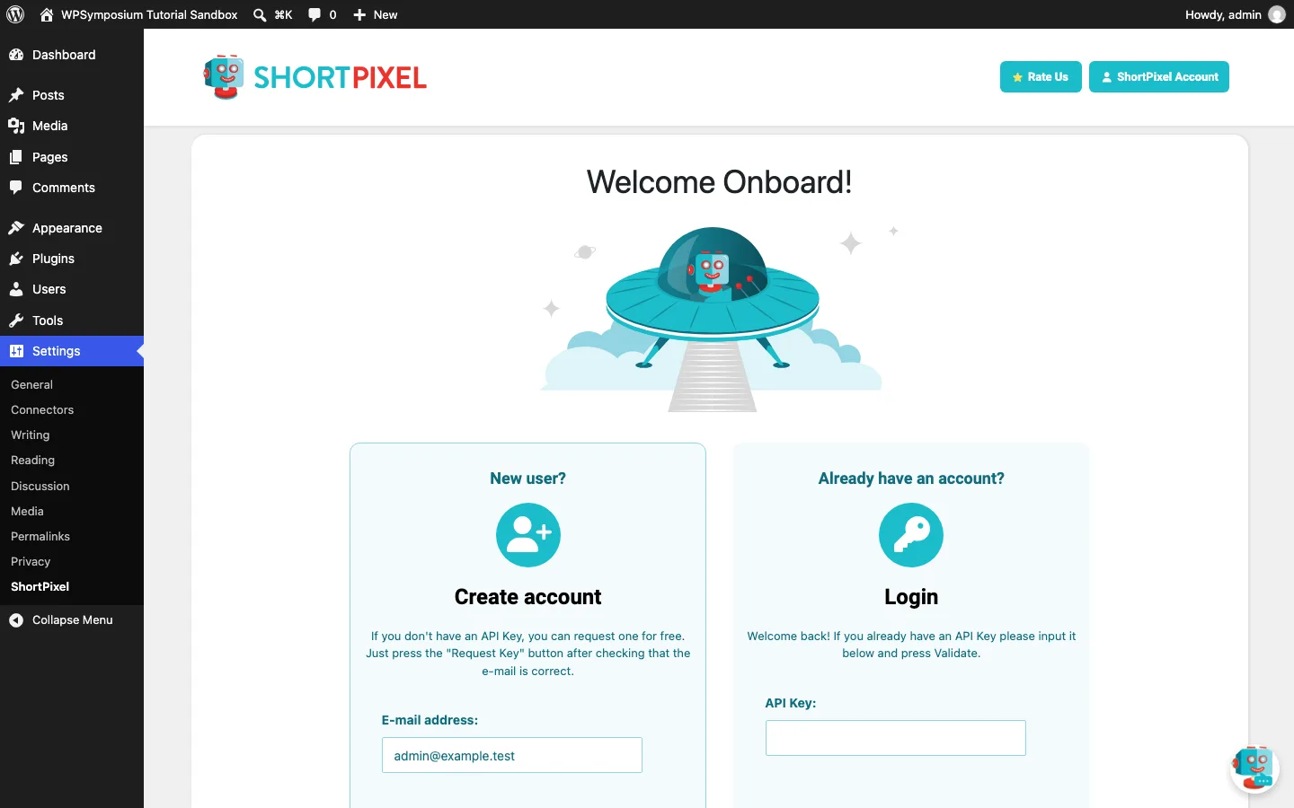 ShortPixel onboarding screen asking new users to create an account or enter an API key