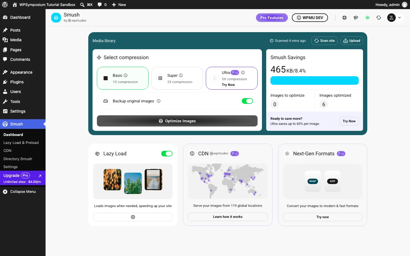 Smush dashboard showing compression levels, 465 KB saved and Pro upsell cards for CDN and next-gen formats
