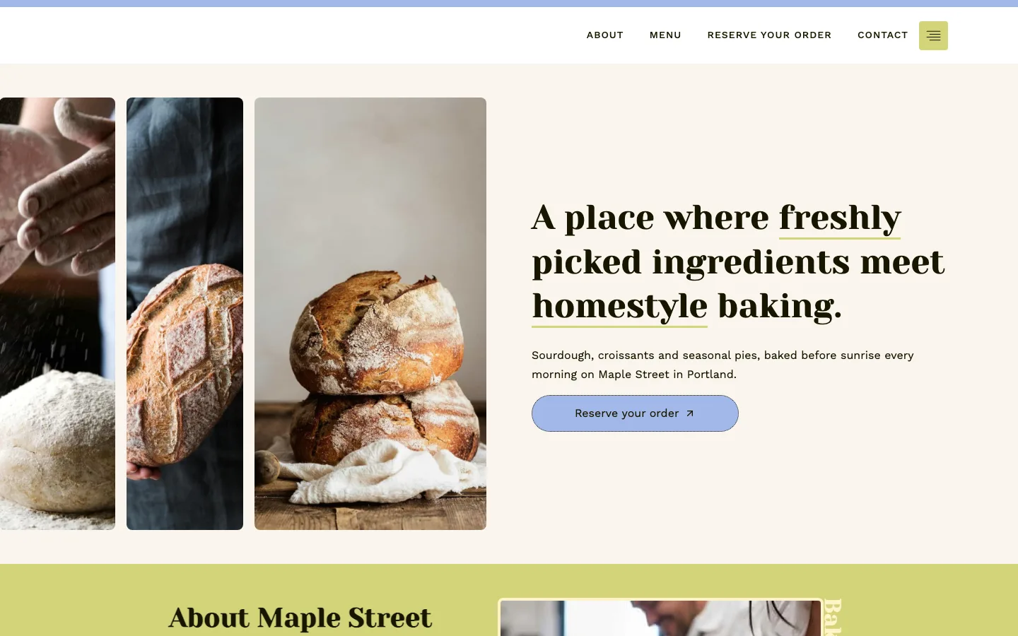 A bakery website home page built with WordPress, the free Kadence theme and a free starter template