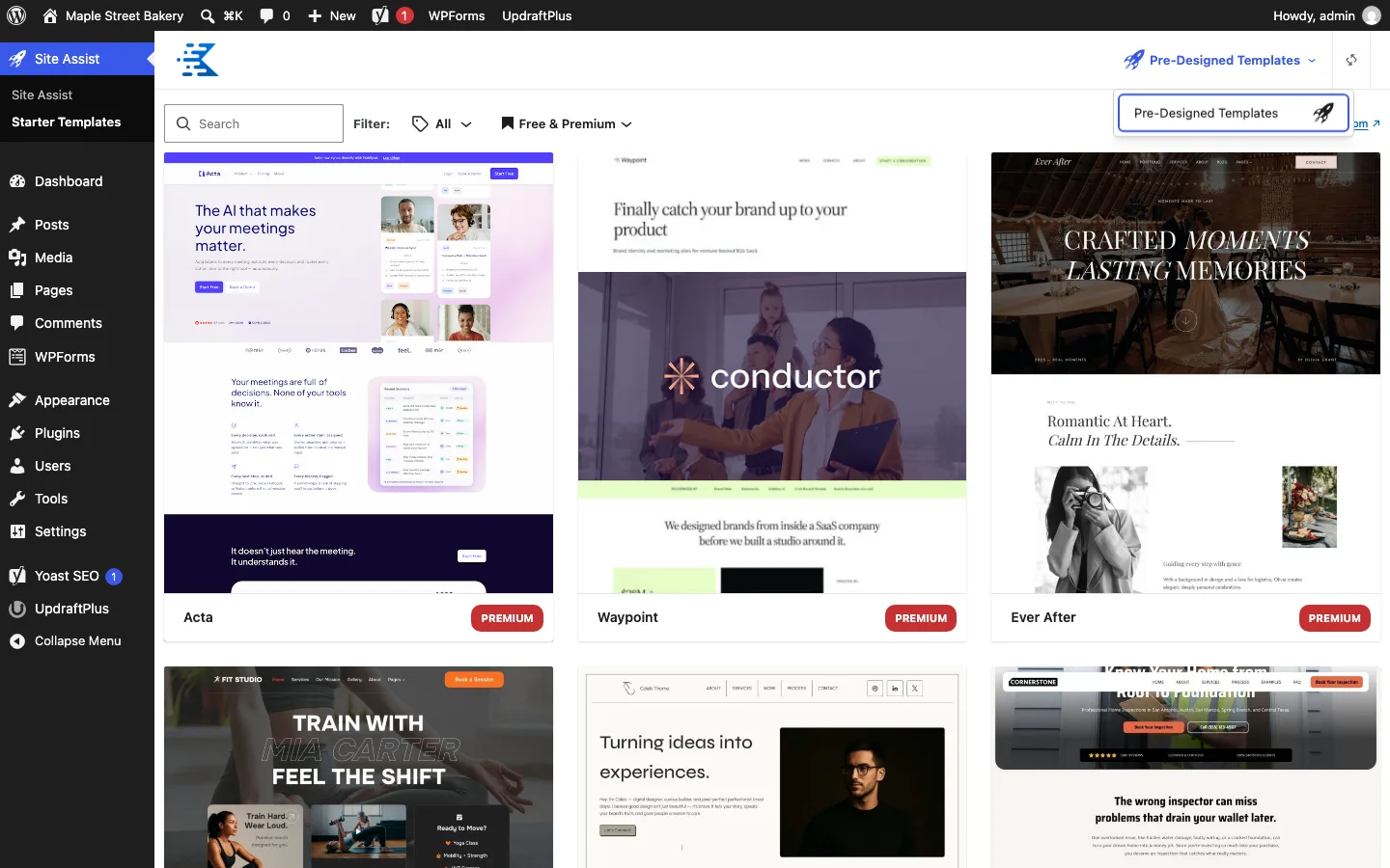 Kadence Starter Templates library showing several templates marked Premium