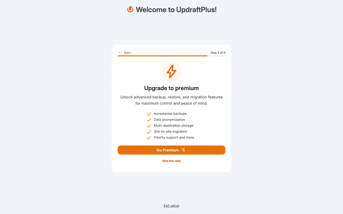 UpdraftPlus setup wizard step 5 asking you to upgrade to premium