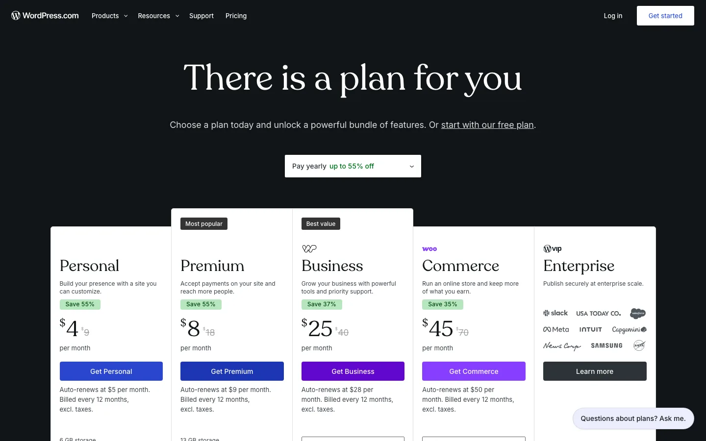 WordPress.com pricing page showing the Personal, Premium, Business, Commerce and Enterprise plans billed yearly