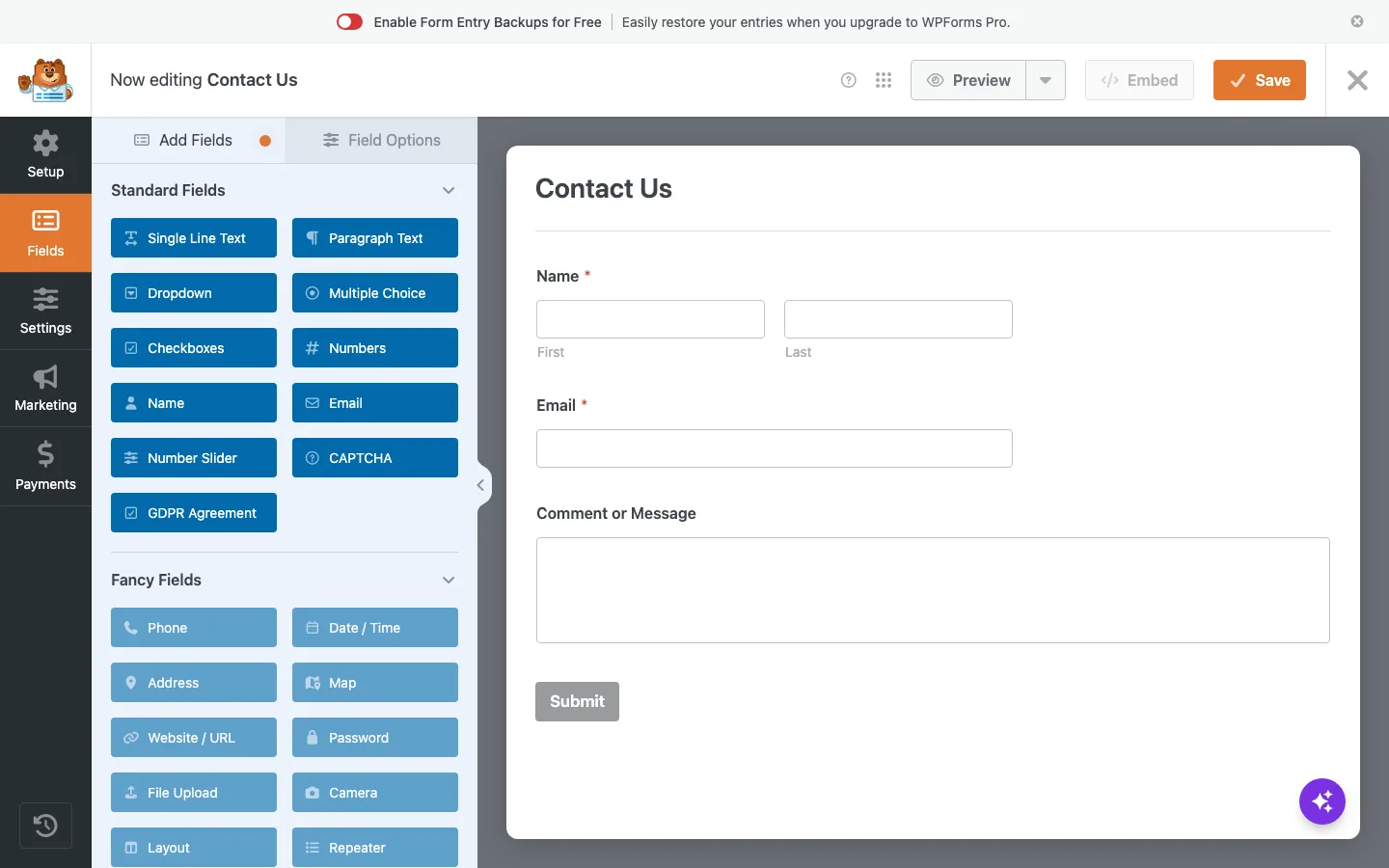 WPForms Lite form builder with the Fancy Fields section locked