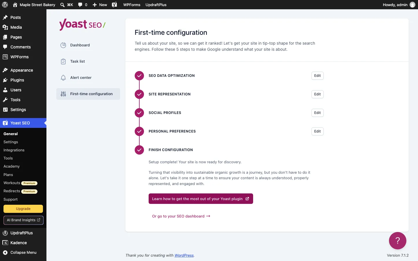 Yoast SEO first-time configuration complete, with Premium badges next to Workouts and Redirects in the menu