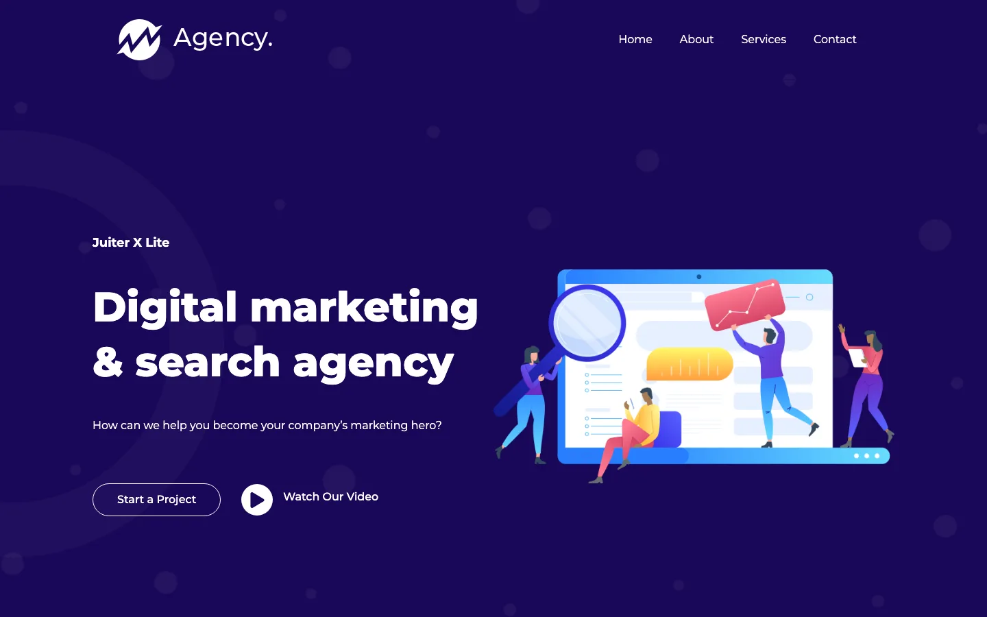 Imported Marketing template home page with a purple hero section reading Digital marketing and search agency