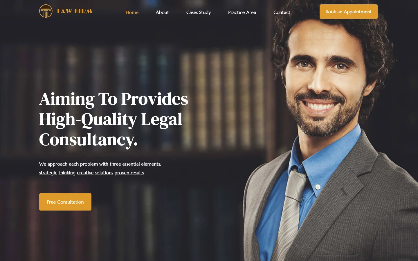 Official Jupiter X Law Firm demo home page with a lawyer portrait and a Free Consultation button
