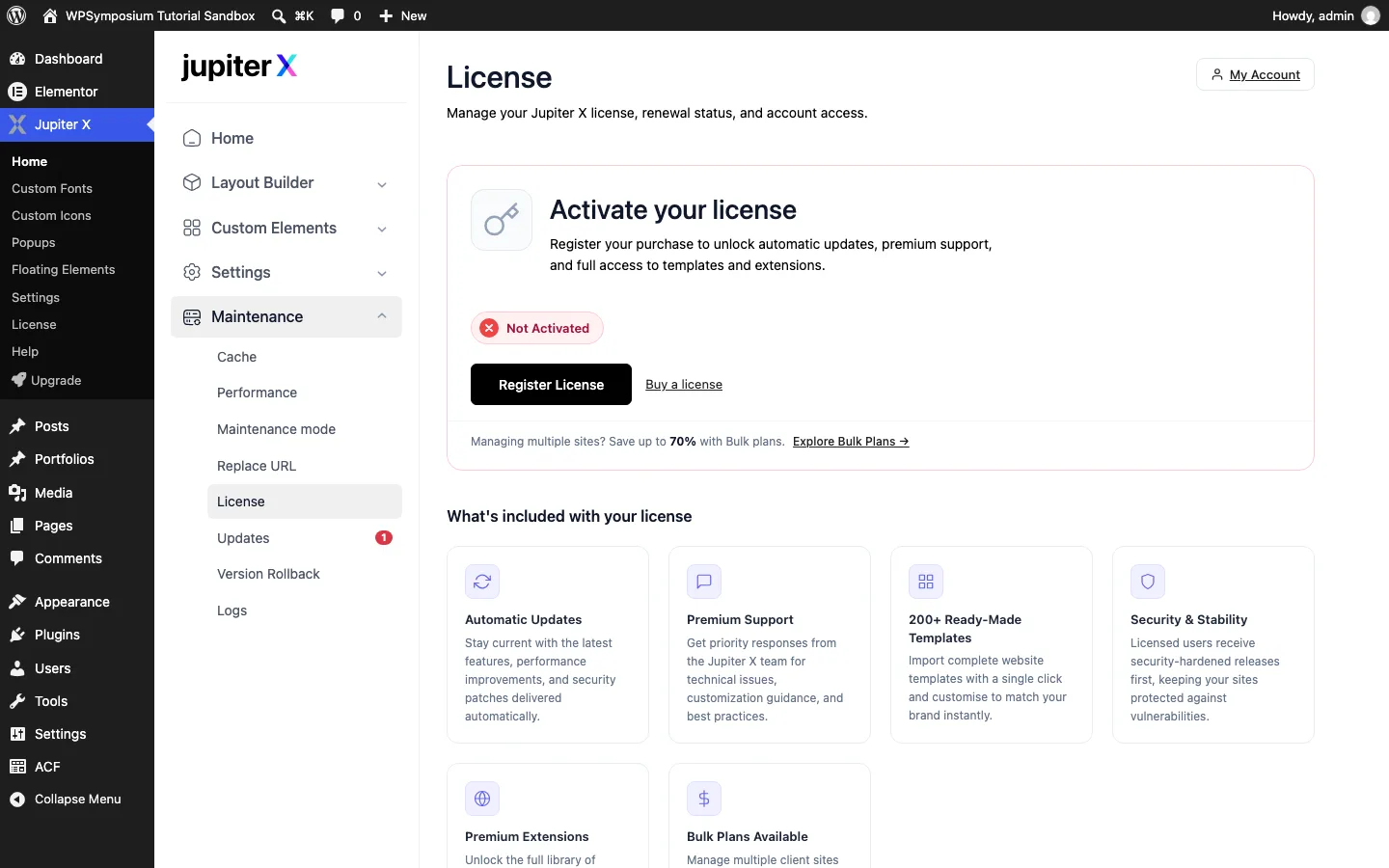 Jupiter X license screen showing Register License, Buy a license and a note about saving up to 70 percent with bulk plans