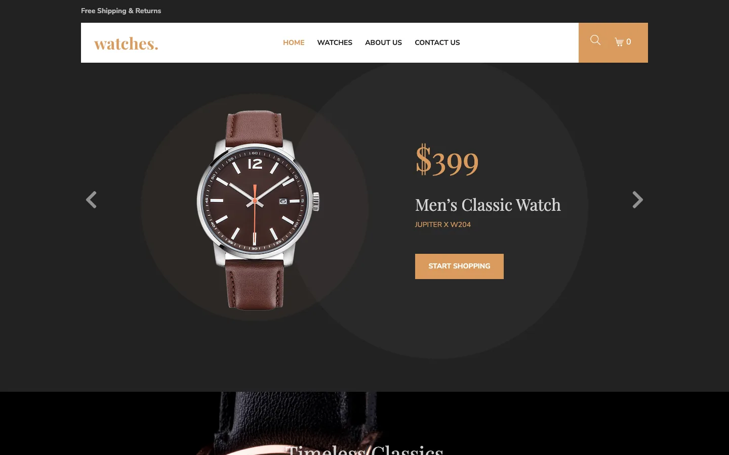 Official Jupiter X Watches Shop demo with a brown leather watch priced at $399 and a Start Shopping button