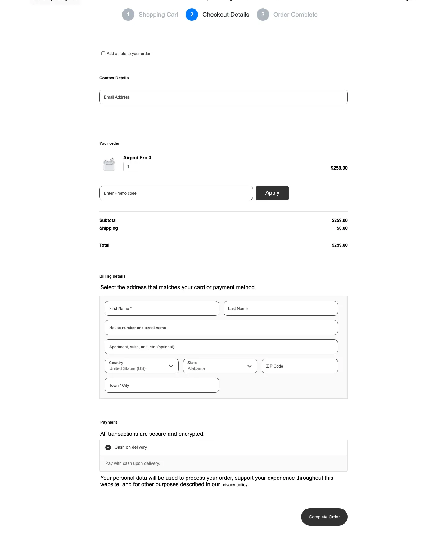 SellKit checkout page on our test install with Contact Details, an order summary for Airpod Pro 3 at $259, a promo code box, billing fields and Cash on delivery selected